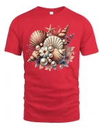 Vintage Seashell Bouquet Art Tee with Ocean Pearl Accents - red t-shirt on white background