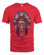 Tribal Skull Headdress Warrior Art Tee for Bold Style Lovers - red t-shirt on white background