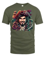 Legendary Pirate Captain Skull Art Graphic T-Shirt Tee - military green t-shirt on white background