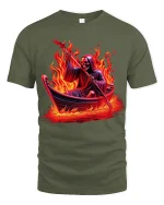 Flaming Reaper Boat Ride Graphic Tee for Bold Street Style - military green t-shirt on white background