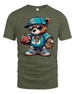 Cool Football Bear Swag Tee with Chains and Street Style Art - military green t-shirt on white background