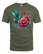 Hummingbird Rose Garden Tee - Vibrant Floral Nature Art Tshirt - military green t-shirt on white background