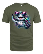 Cool Rainbow Turtle Sunglasses Tee for Fun Beach Summer Vibes - military green t-shirt on white background