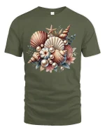 Vintage Seashell Bouquet Art Tee with Ocean Pearl Accents - military green t-shirt on white background
