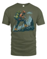 Rainy Mountain Hiker Tee - Adventure Outdoors Trekking Tshirt - military green t-shirt on white background