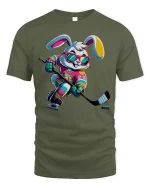 Cool Hockey Bunny Tee - Fun Colorful Ice Skating Player Tshirt - military green t-shirt on white background
