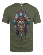 Tribal Skull Headdress Warrior Art Tee for Bold Style Lovers - military green t-shirt on white background