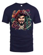 Legendary Pirate Captain Skull Art Graphic T-Shirt Tee - navy t-shirt on white background