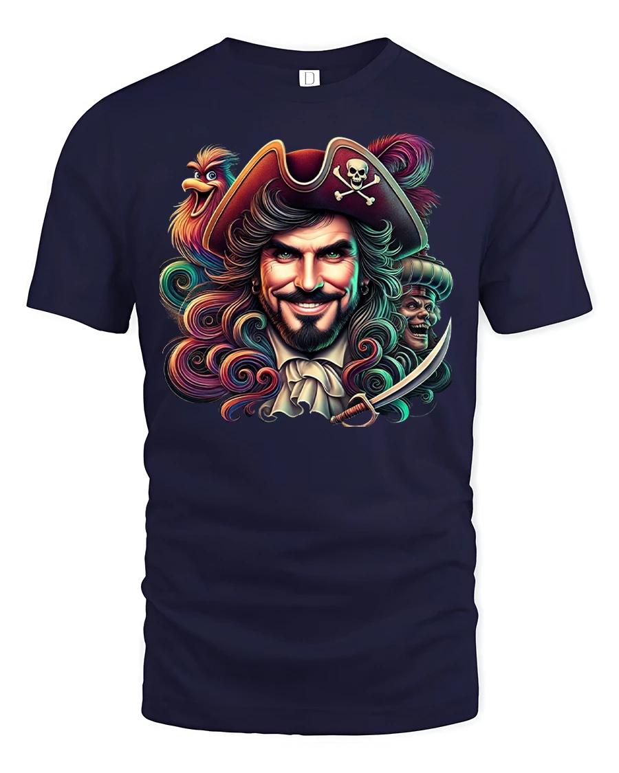 Legendary Pirate Captain Skull Art Graphic T-Shirt Tee - 1 Legendary Pirate Captain Skull Art Graphic T-Shirt Tee - navy t-shirt on white background