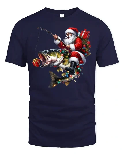 Santa Fishing Ride Tee for Christmas Fun Holiday T-Shirt - navy t-shirt on white background