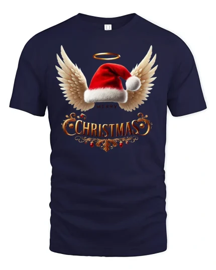 Angel Wings Santa Hat Merry Christmas Tee Holiday Spirit - navy t-shirt on white background