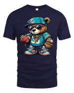Cool Football Bear Swag Tee with Chains and Street Style Art - navy t-shirt on white background