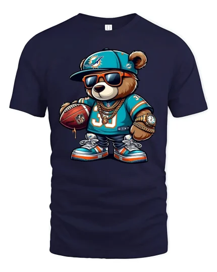 Cool Football Bear Swag Tee with Chains and Street Style Art - navy t-shirt on white background