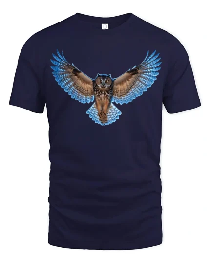 Majestic Blue Owl Wings Spirit Wildlife Art Tee - navy t-shirt on white background