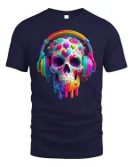 Colorful Music Skull Tee with Headphones Dripping Art Design - navy t-shirt on white background