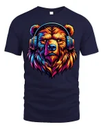 Colorful Bear Headphones Tee for Music Lovers Graphic Tshirt - navy t-shirt on white background