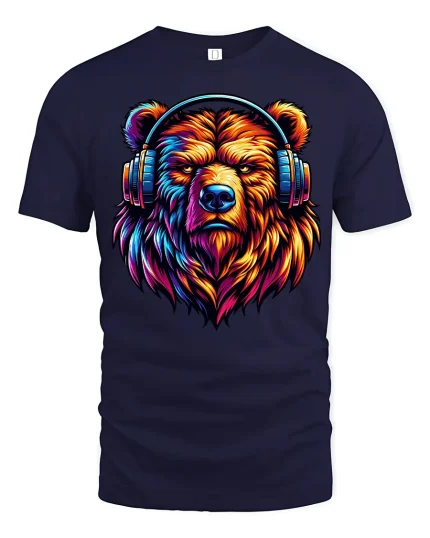 Colorful Bear Headphones Tee for Music Lovers Graphic Tshirt - navy t-shirt on white background