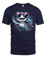 Cool Rainbow Turtle Sunglasses Tee for Fun Beach Summer Vibes - navy t-shirt on white background