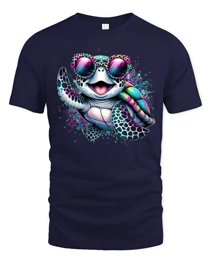 Cool Rainbow Turtle Sunglasses Tee for Fun Beach Summer Vibes - navy t-shirt on white background