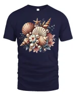 Vintage Seashell Bouquet Art Tee with Ocean Pearl Accents - navy t-shirt on white background