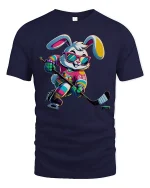 Cool Hockey Bunny Tee - Fun Colorful Ice Skating Player Tshirt - navy t-shirt on white background