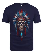 Tribal Skull Headdress Warrior Art Tee for Bold Style Lovers - navy t-shirt on white background
