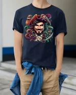 Legendary Pirate Captain Skull Art Graphic T-Shirt Tee - model wearing navy tee with hands in pockets