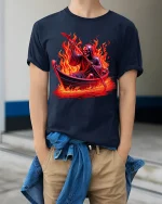 Flaming Reaper Boat Ride Graphic Tee for Bold Street Style - model wearing navy tee with hands in pockets