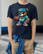 Cool Football Bear Swag Tee with Chains and Street Style Art - model wearing navy tee with hands in pockets