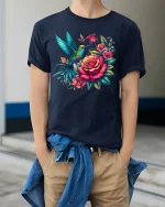 Hummingbird Rose Garden Tee - Vibrant Floral Nature Art Tshirt - model wearing navy tee with hands in pockets