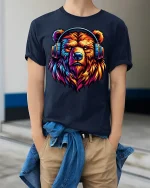 Colorful Bear Headphones Tee for Music Lovers Graphic Tshirt - model wearing navy tee with hands in pockets