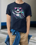 Cool Rainbow Turtle Sunglasses Tee for Fun Beach Summer Vibes - model wearing navy tee with hands in pockets
