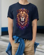 Majestic Color Lion Art Tee for Animal Lovers Stylish T-Shirt - model wearing navy tee with hands in pockets
