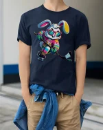 Cool Hockey Bunny Tee - Fun Colorful Ice Skating Player Tshirt - model wearing navy tee with hands in pockets