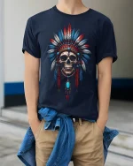 Tribal Skull Headdress Warrior Art Tee for Bold Style Lovers - model wearing navy tee with hands in pockets