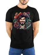 Legendary Pirate Captain Skull Art Graphic T-Shirt Tee - model wearing black tee with hands behind back