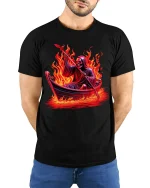 Flaming Reaper Boat Ride Graphic Tee for Bold Street Style - model wearing black tee with hands behind back