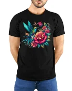 Hummingbird Rose Garden Tee - Vibrant Floral Nature Art Tshirt - model wearing black tee with hands behind back