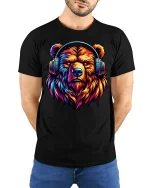 Colorful Bear Headphones Tee for Music Lovers Graphic Tshirt - model wearing black tee with hands behind back