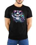 Cool Rainbow Turtle Sunglasses Tee for Fun Beach Summer Vibes - model wearing black tee with hands behind back