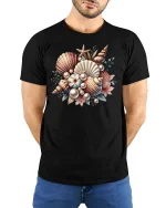 Vintage Seashell Bouquet Art Tee with Ocean Pearl Accents - model wearing black tee with hands behind back