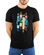 Retro Game Over Controller Tee for Gamers and Console Lovers - model wearing black tee with hands behind back