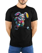 Cool Hockey Bunny Tee - Fun Colorful Ice Skating Player Tshirt - model wearing black tee with hands behind back