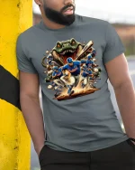 Gator Charge Baseball Action Tee for Ultimate Fans - model wearing grey tee, leaning on column