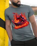 Flaming Reaper Boat Ride Graphic Tee for Bold Street Style - model wearing grey tee, leaning on column