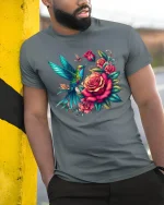 Hummingbird Rose Garden Tee - Vibrant Floral Nature Art Tshirt - model wearing grey tee, leaning on column
