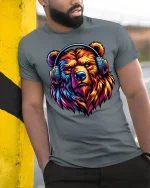 Colorful Bear Headphones Tee for Music Lovers Graphic Tshirt - model wearing grey tee, leaning on column