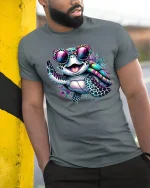 Cool Rainbow Turtle Sunglasses Tee for Fun Beach Summer Vibes - model wearing grey tee, leaning on column