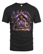 Whimsical Purple Birdhouse Fantasy Art Graphic Tee - black t-shirt on white background
