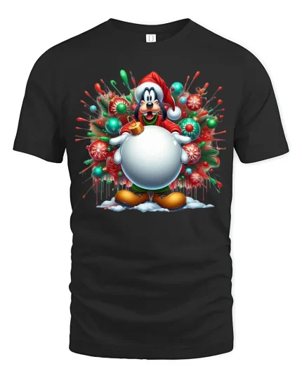 Funny Christmas Cartoon Dog Big Ornament Holiday Graphic Tee - black t-shirt on white background